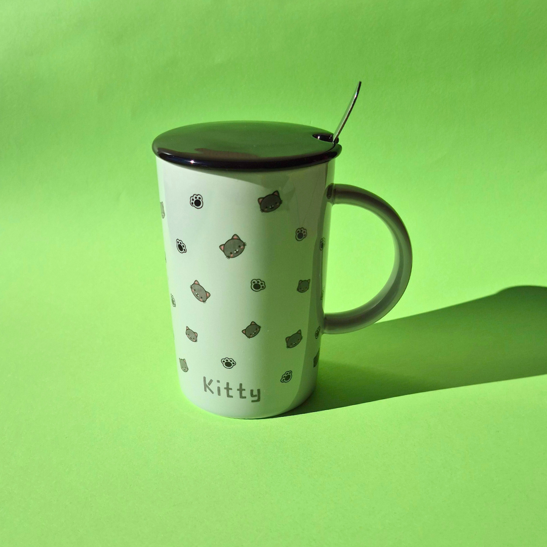 Κεραμική Γκρι Κούπα Kitty με Γατούλες, Μαύρο Καπάκι και Κουταλάκι
