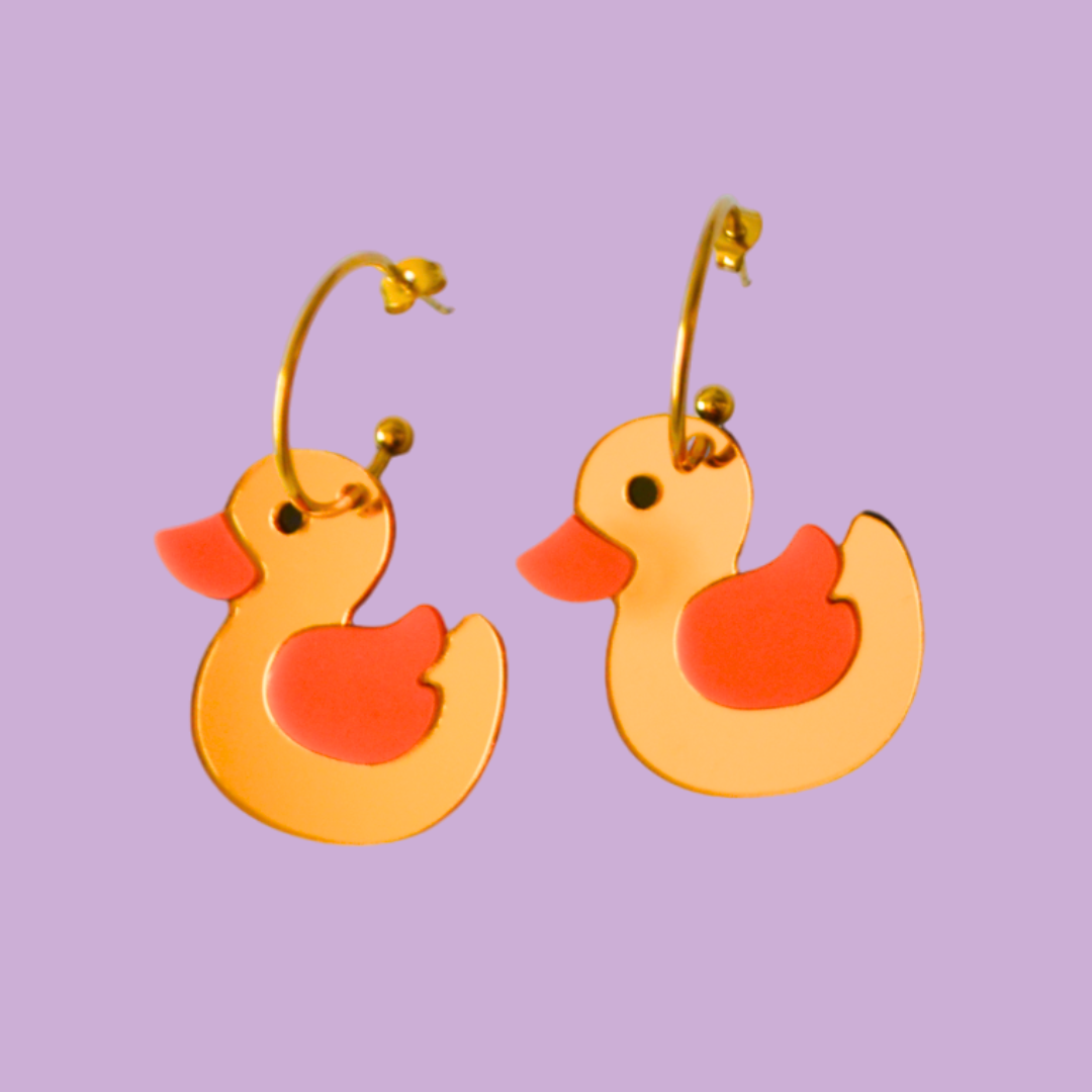 Ατσάλινα Χρυσά Σκουλαρίκια Κρίκοι με Παπάκια Duck Toy