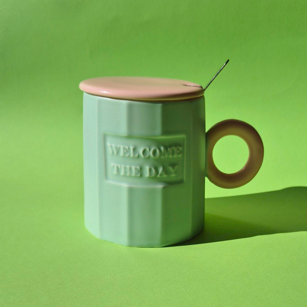 Κεραμική Φυστικί Κούπα Welcome Day με Ροζ Καπάκι και Κουταλάκι