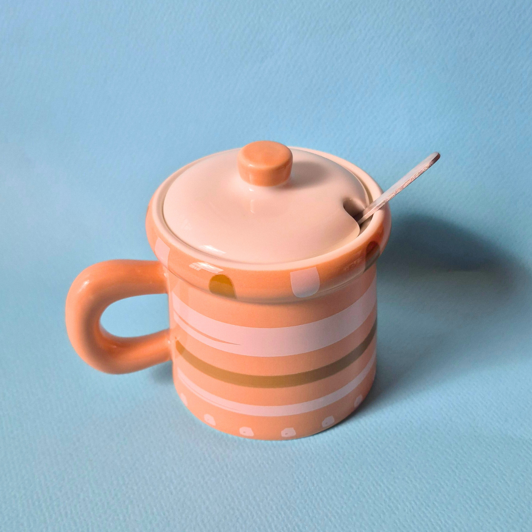 Κεραμική Χρωματιστή Ρετρό Κούπα Σομόν με Κουταλάκι