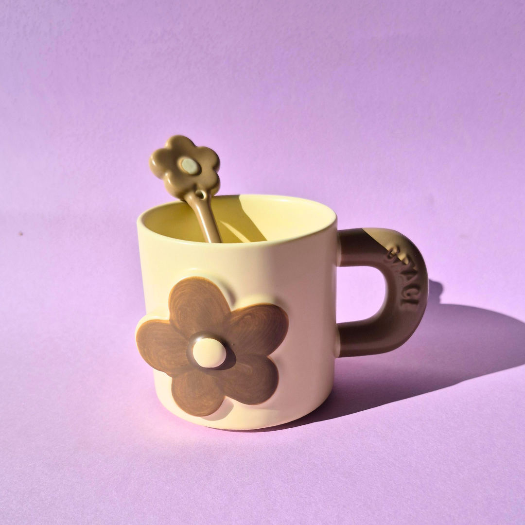 Κεραμική Κούπα με Γκρι Λουλούδι και Κουταλάκι