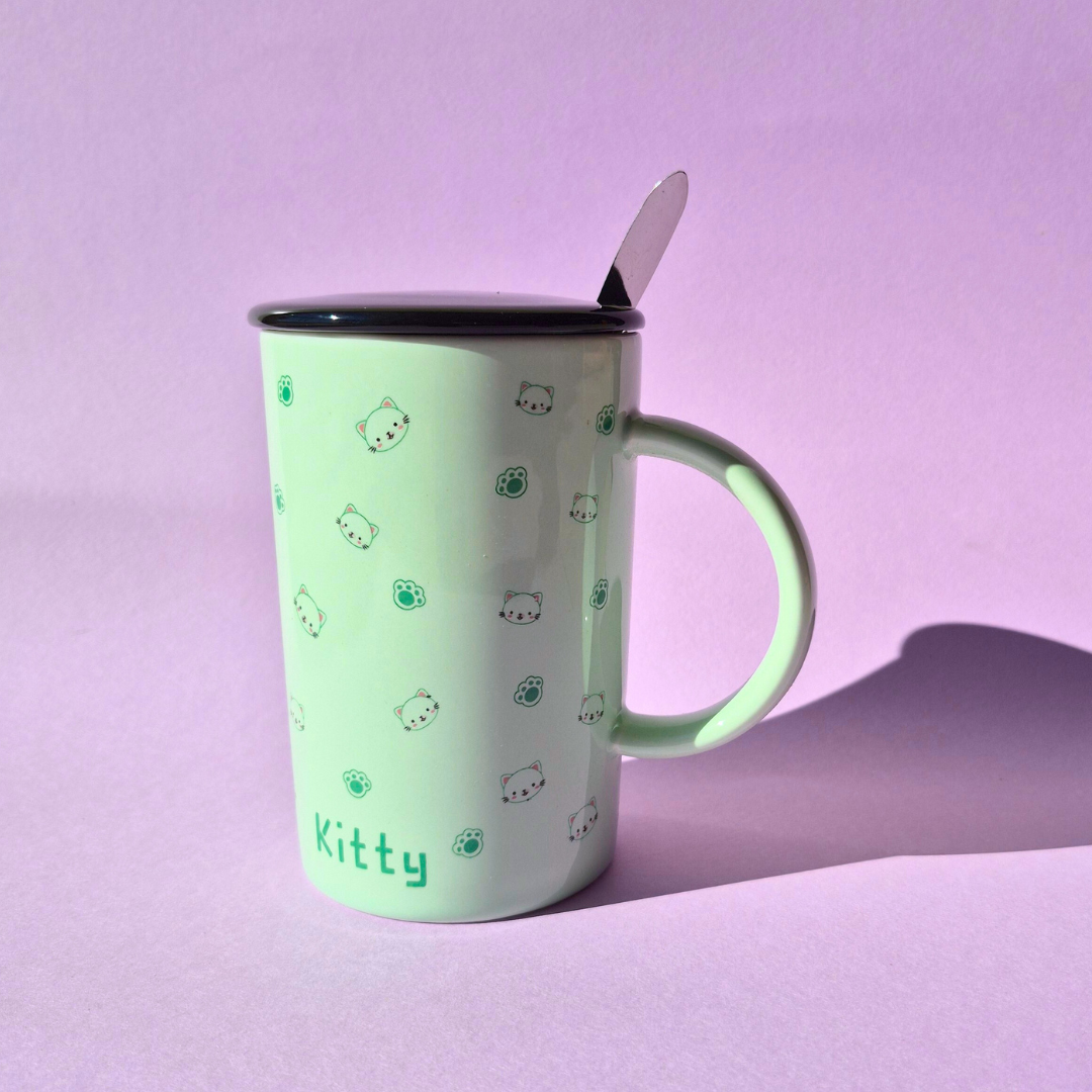 Κεραμική Φυστικί Κούπα Kitty με Γατούλες, Μαύρο Καπάκι και Κουταλάκι