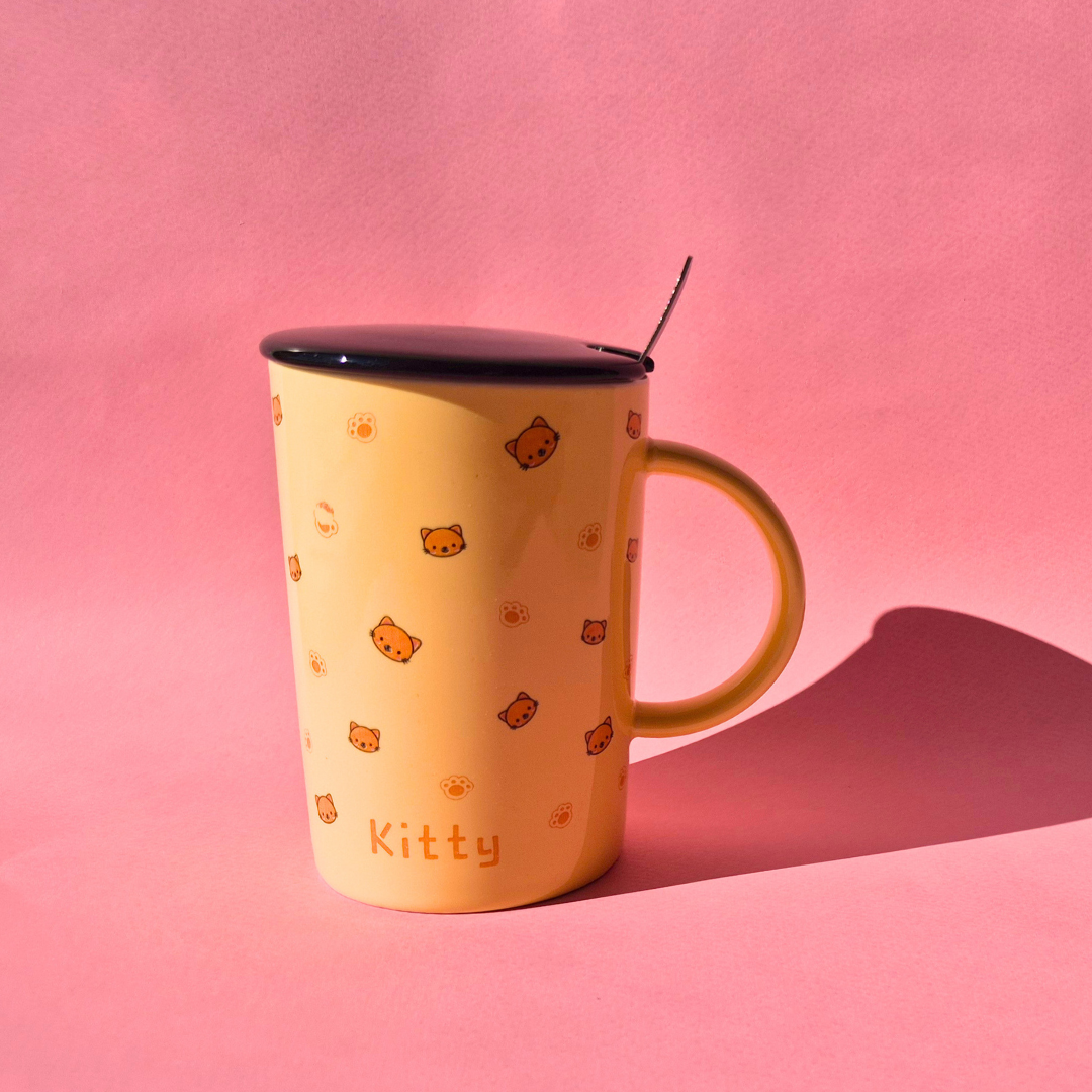 Κεραμική Πορτοκαλί Κούπα Kitty με Γατούλες, Μαύρο Καπάκι και Κουταλάκι