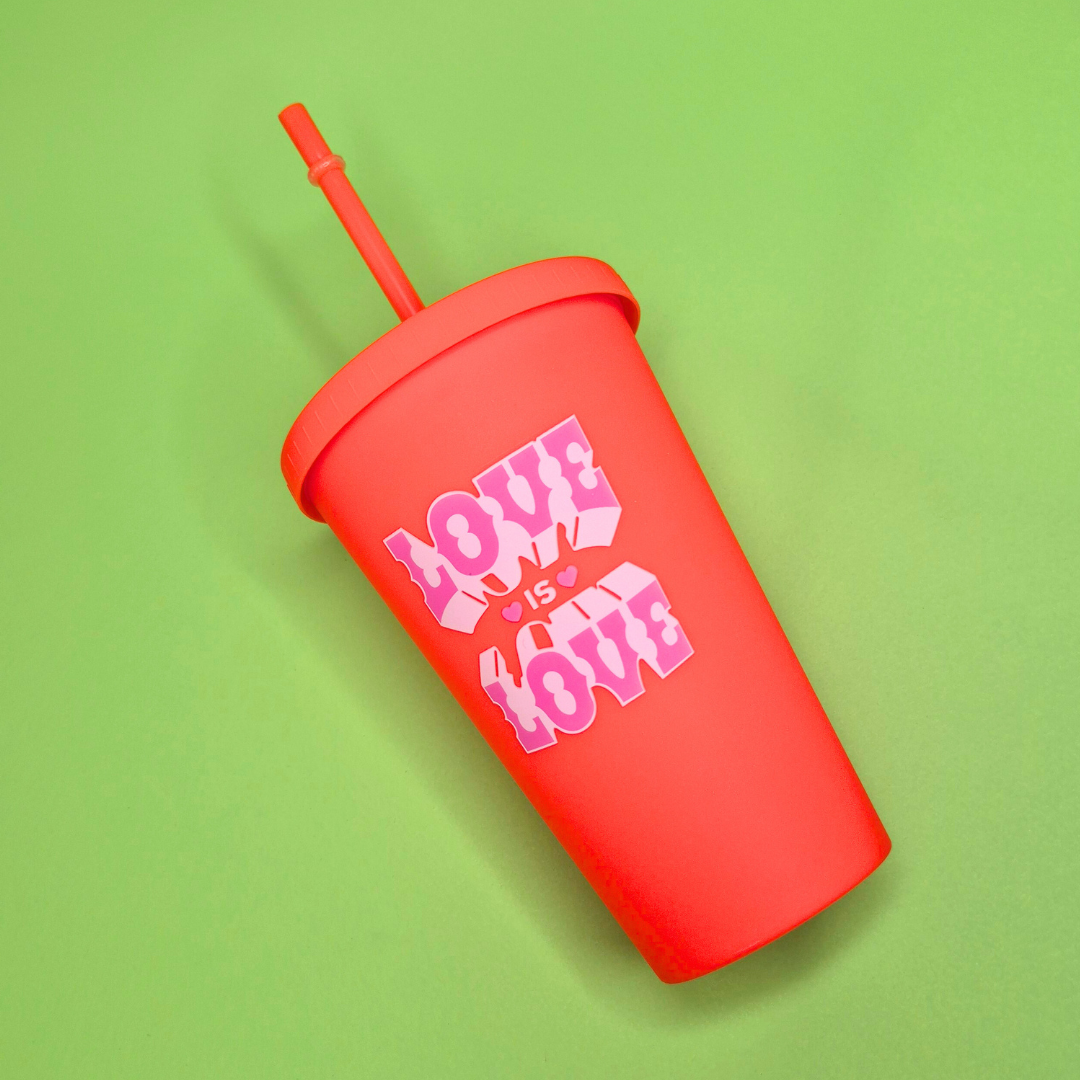 Ποτήρι Νερού Love Is Love Κόκκινο από Πλαστικό με Καλαμάκι