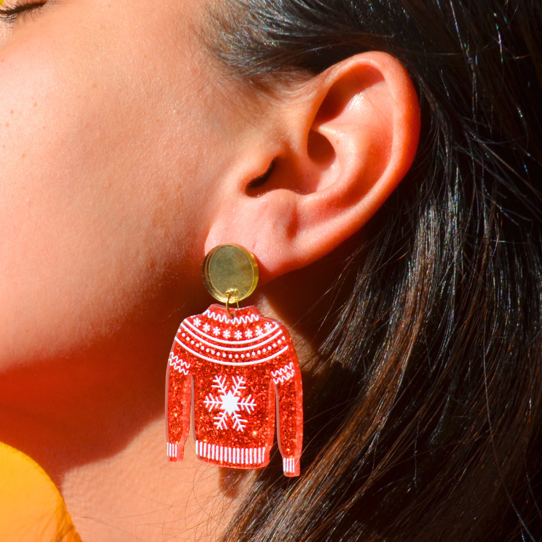 Χριστουγεννιάτικα Σκουλαρίκια Καρφωτά Κόκκινο Πουλόβερ Red Sweater