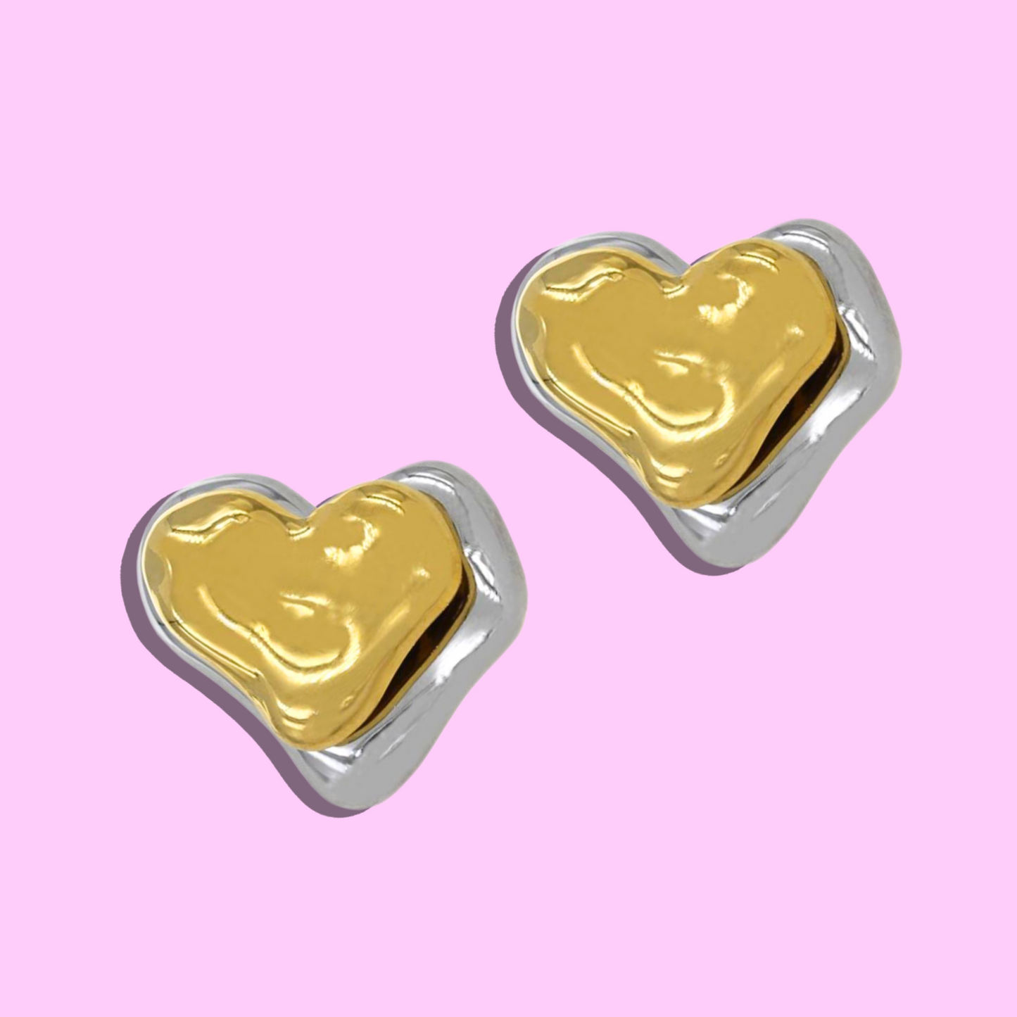 Ατσάλινα Χρυσά-Ασημένια Σκουλαρίκια Καρφωτά Διπλή Καρδιά