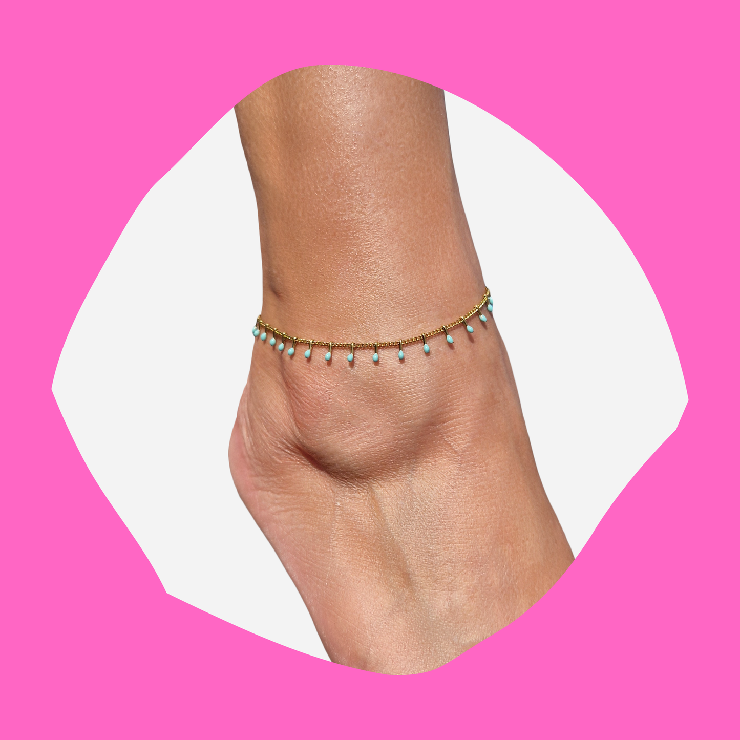 Βραχιόλι Ποδιού από Ατσάλινη Χρυσή Αλυσίδα με Κρεμαστές Τυρκουάζ Σταγόνες