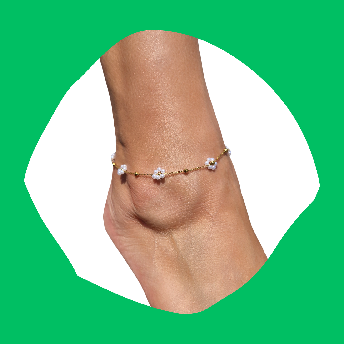 Βραχιόλι Ποδιού από Ατσάλινη Χρυσή Αλυσίδα με Λουλούδια από Πέρλες