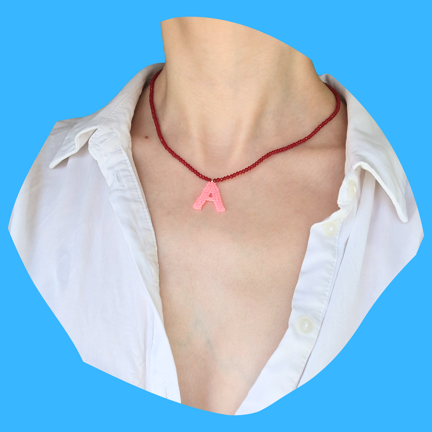 Custom Χειροποίητο Κολιέ Μονόγραμμα από Ροζ Χάντρες MIYUKI και Μπορντό Κρυσταλλάκια