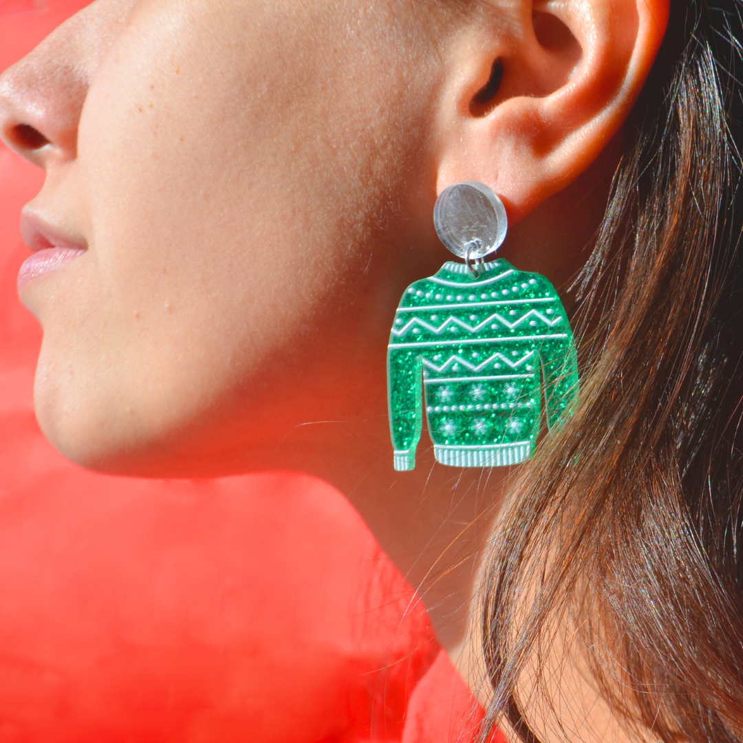 Χριστουγεννιάτικα Σκουλαρίκια Καρφωτά Πράσινο Πουλόβερ Green Sweater