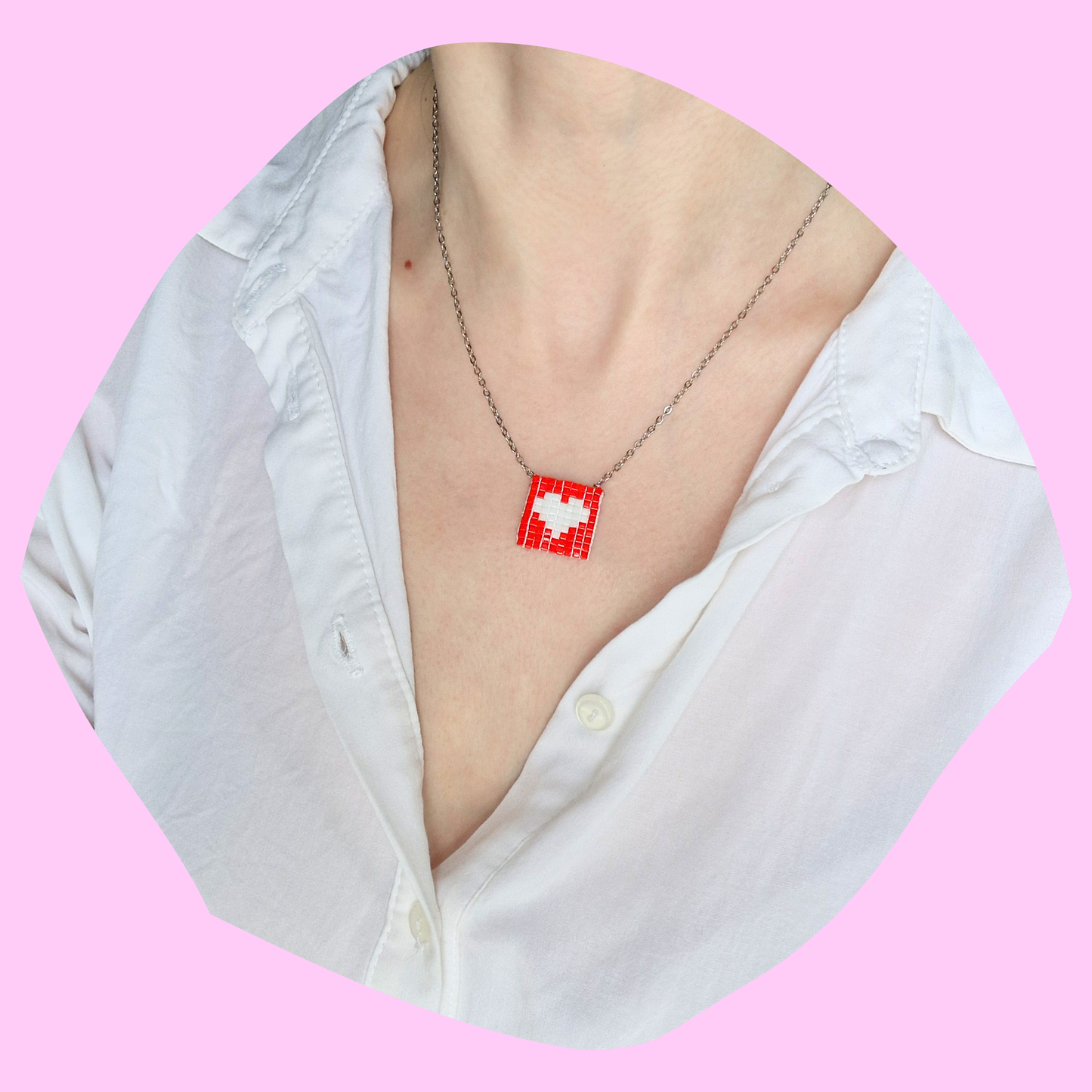 Χειροποίητο Κολιέ με Λευκή Καρδιά από Χάντρες Miyuki σε Ατσάλινη Ασημένια Αλυσίδα