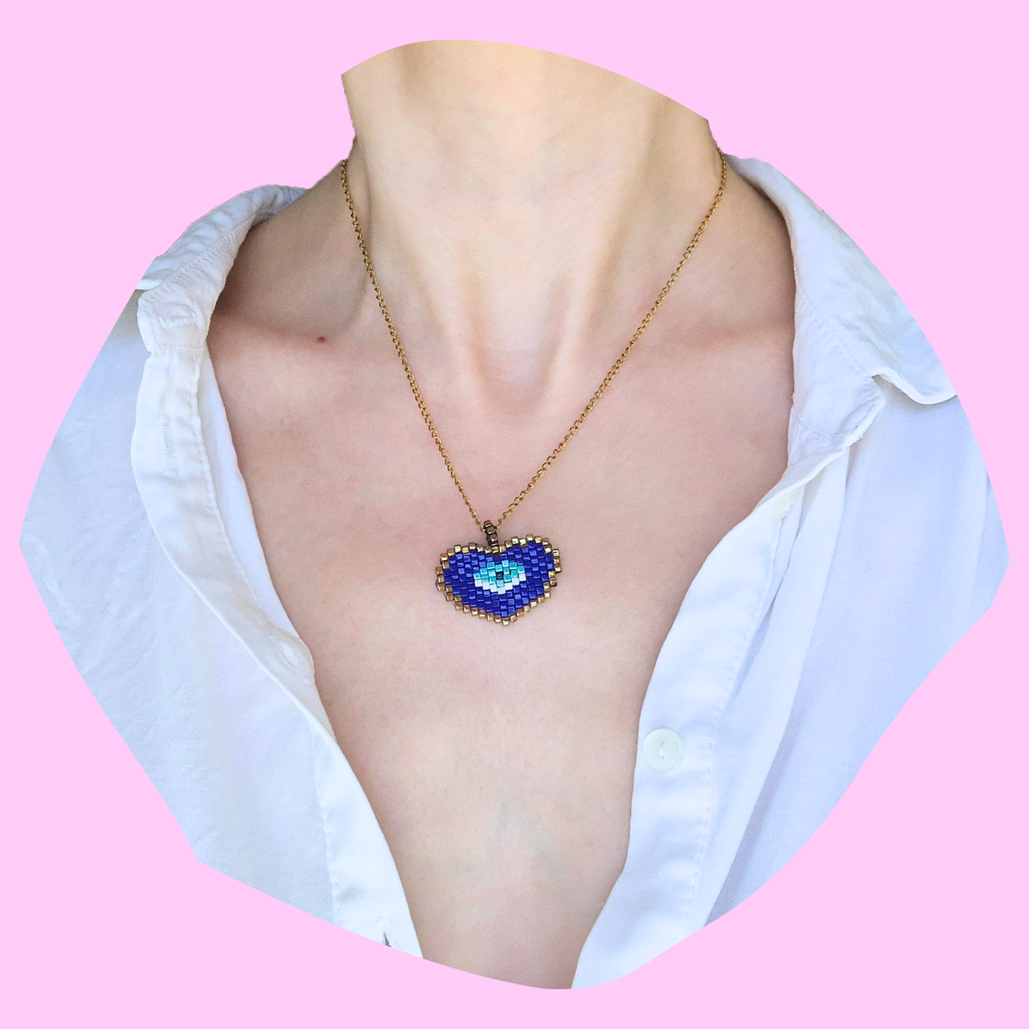 Χειροποίητο Κολιέ Μάτι-Μπλε Καρδιά από Χάντρες Miyuki σε Ατσάλινη Χρυσή Αλυσίδα
