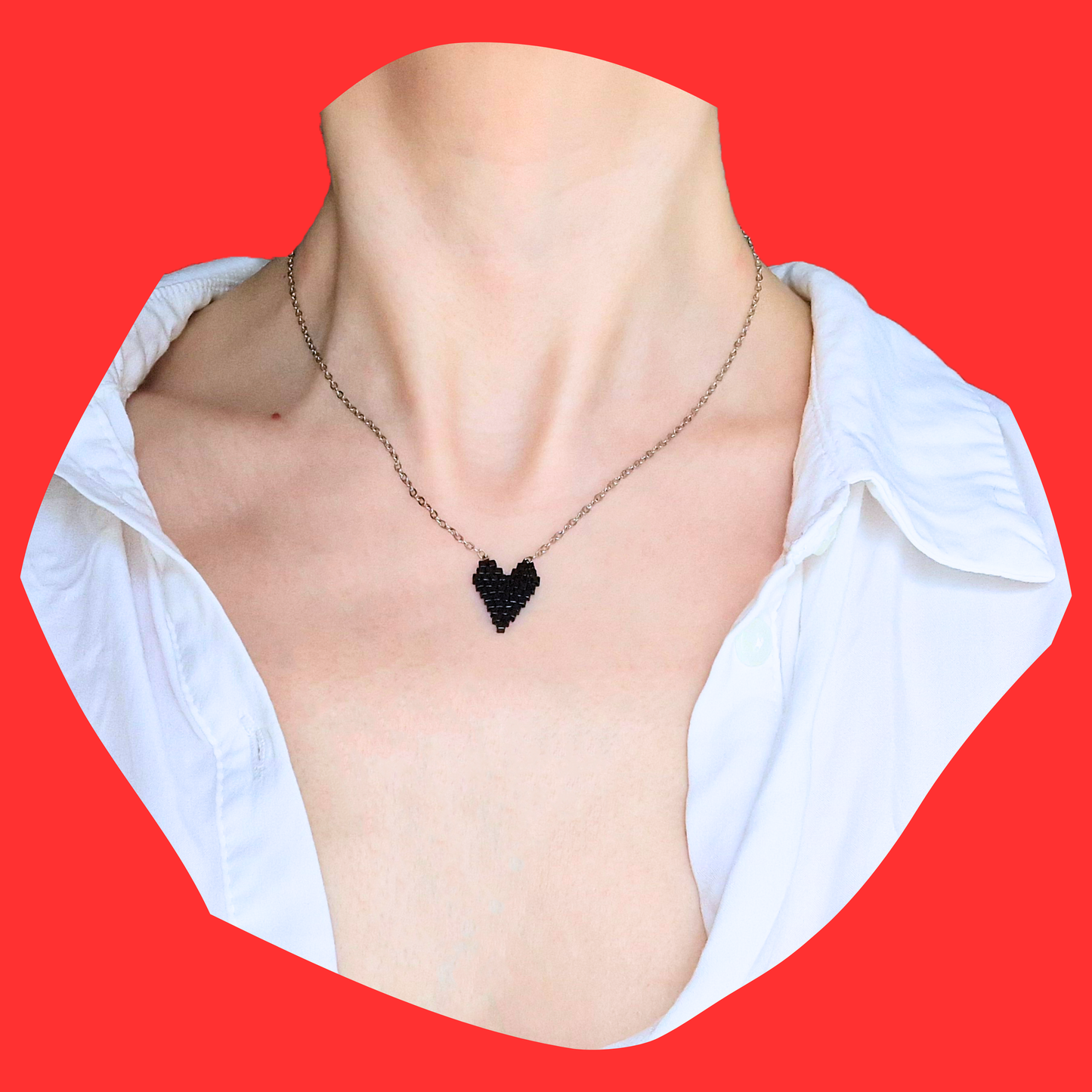 Χειροποίητο Κολιέ με Μικρή Μαύρη Καρδιά από Χάντρες Miyuki σε Ατσάλινη Ασημένια Αλυσίδα