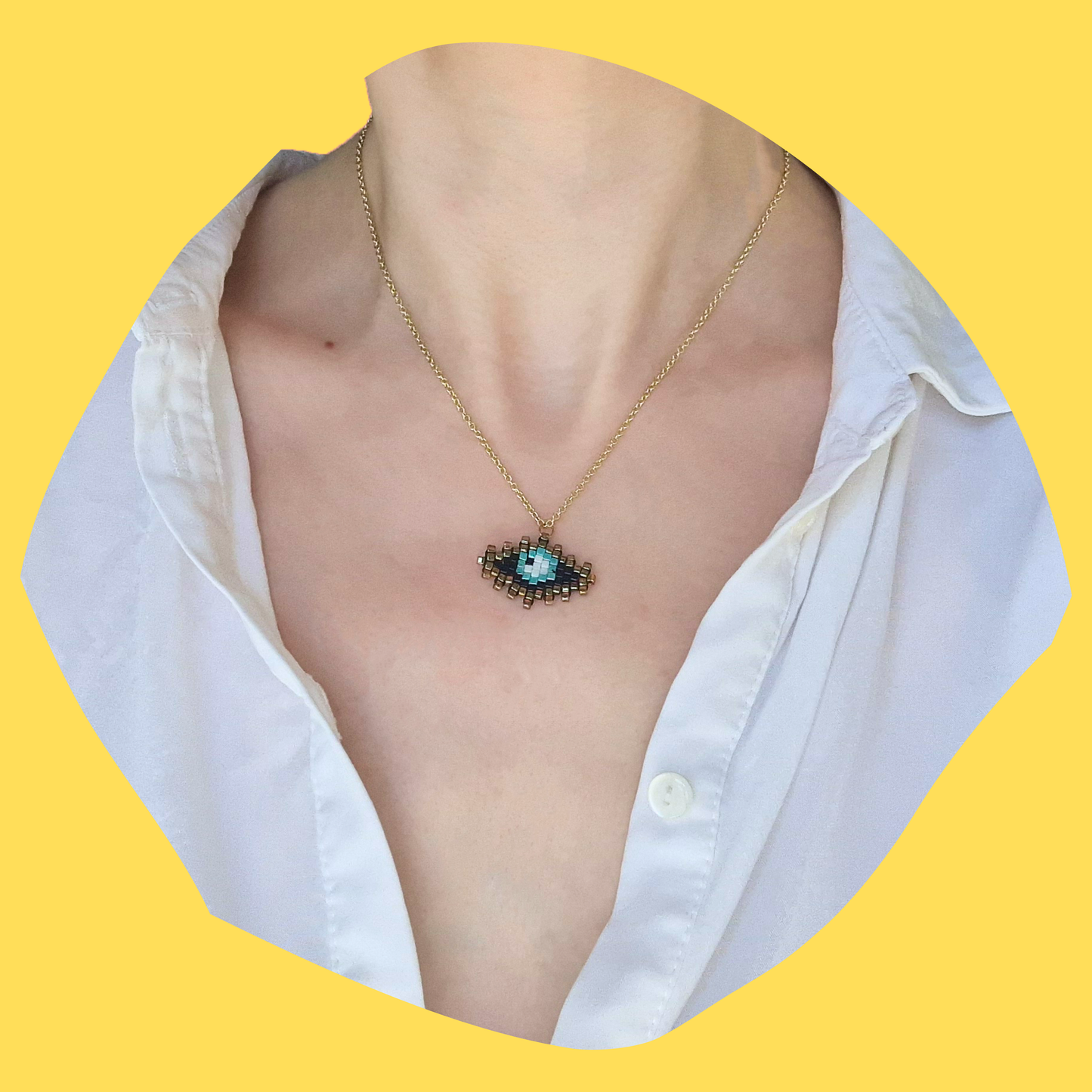 Χειροποίητο Κολιέ Μαύρο Μάτι από Χάντρες Miyuki σε Ατσάλινη Χρυσή Αλυσίδα