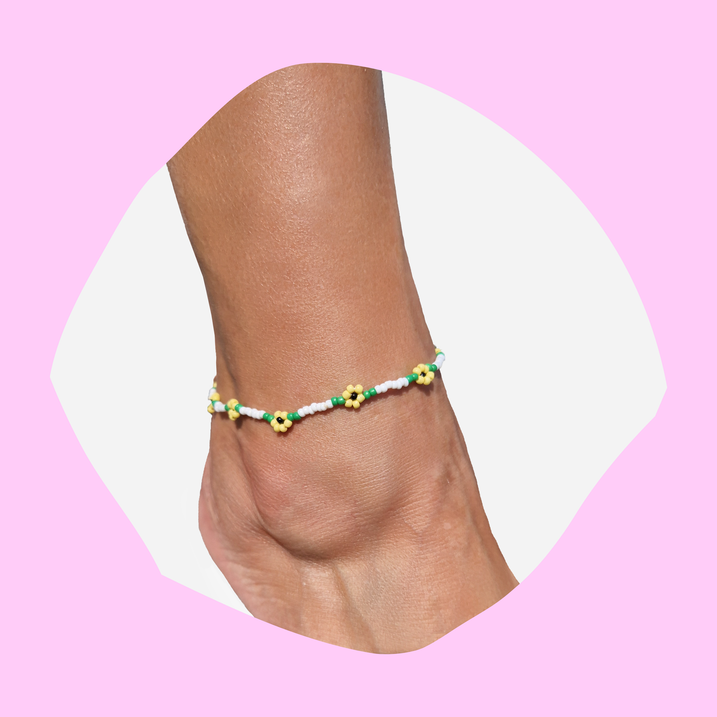 Χειροποίητο Βραχιόλι Ποδιού Λευκό με Ηλιοτρόπια από Χάντρες