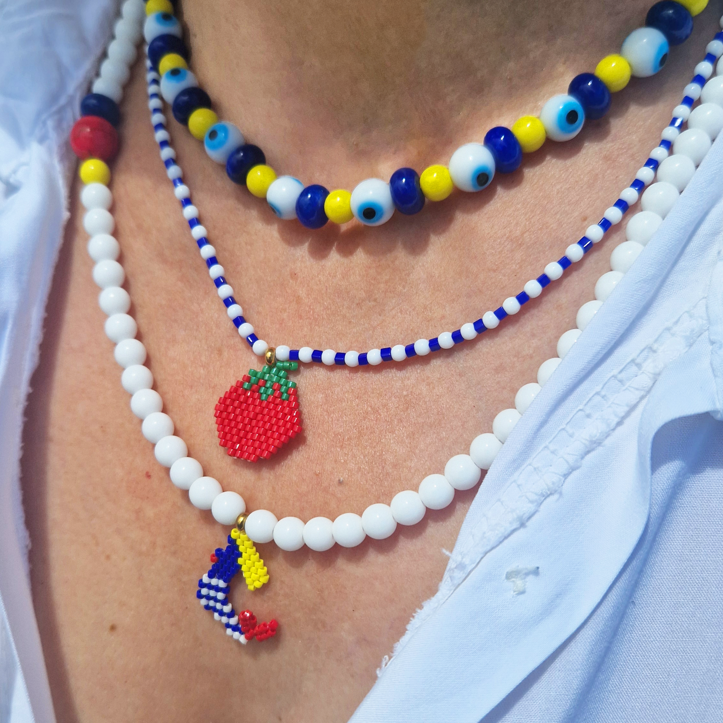 Χειροποίητο Κολιέ από Μπλε Jade, Γυάλινες Κίτρινες Χάντρες και Χάντρες Μάτι
