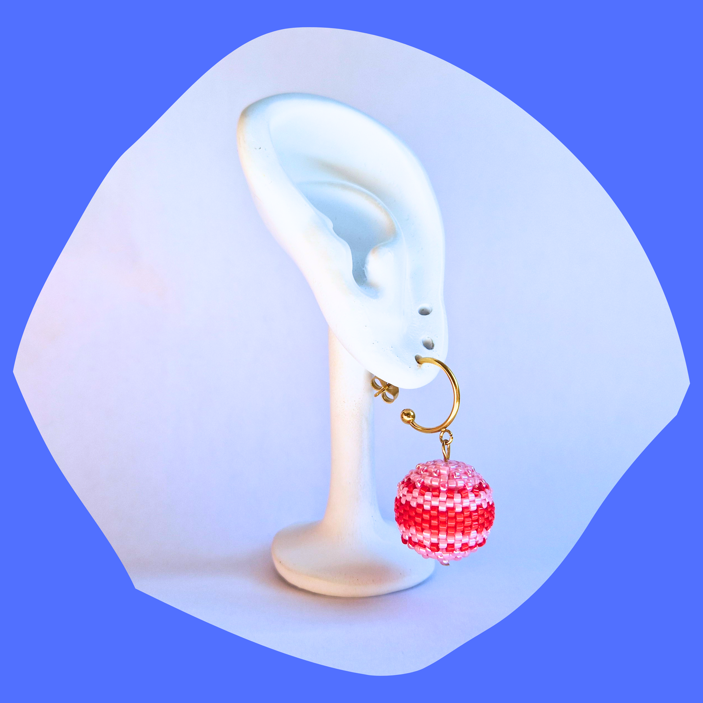 Χριστουγεννιάτικα Χειροποίητα Ατσάλινα Χρυσά Σκουλαρίκια Μπάλα από Χάντρες Miyuki Ροζ-Λευκή