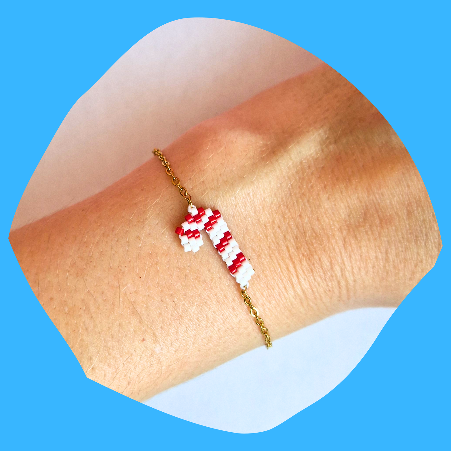 Χριστουγεννιάτικο Χειροποίητο Βραχιόλι Χεριού Ζαχαρωτό από Χάντρες Miyuki σε Ατσάλινη Χρυσή Αλυσίδα Christmas Candy