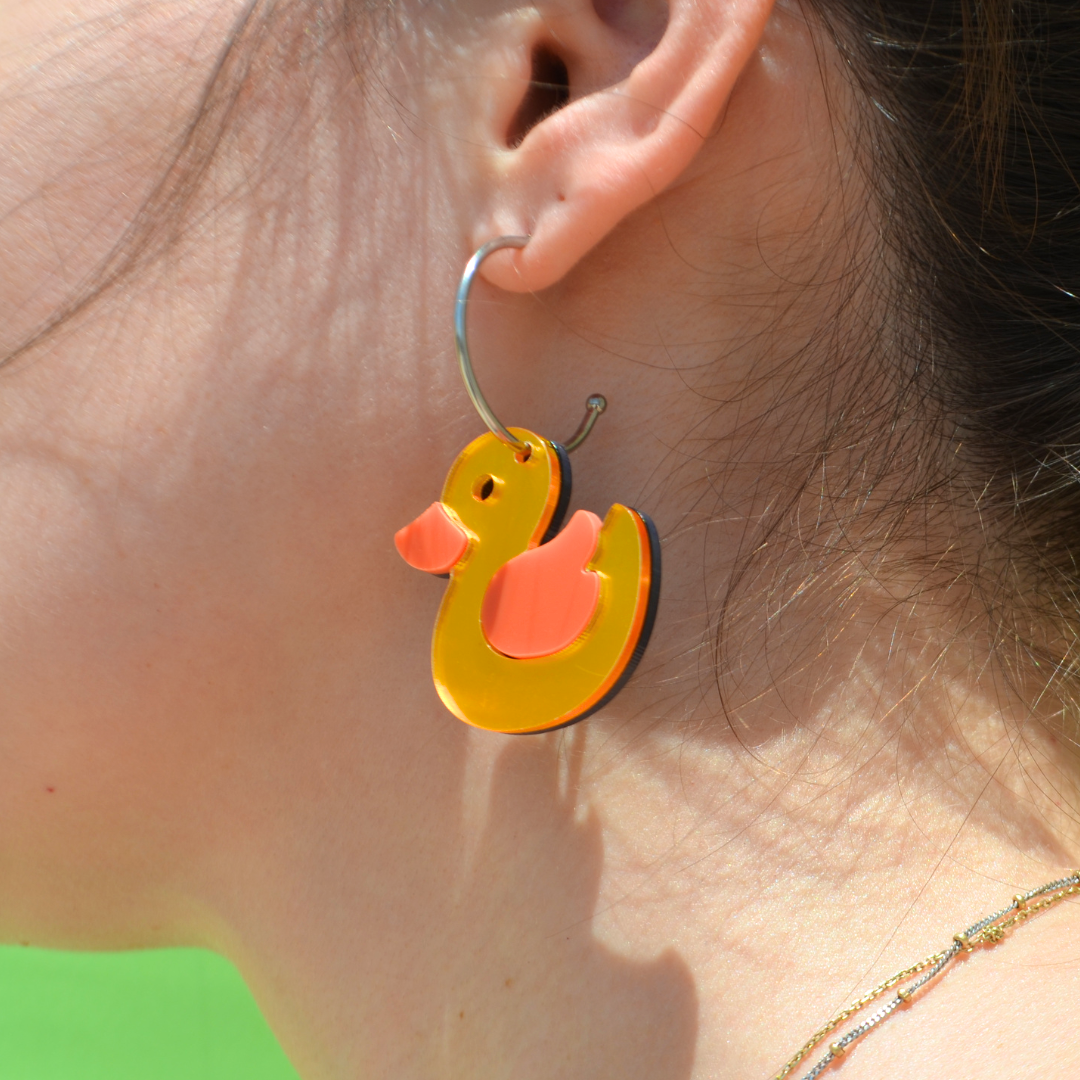 Ατσάλινα Ασημένια Σκουλαρίκια Κρίκοι με Παπάκια Duck Toy