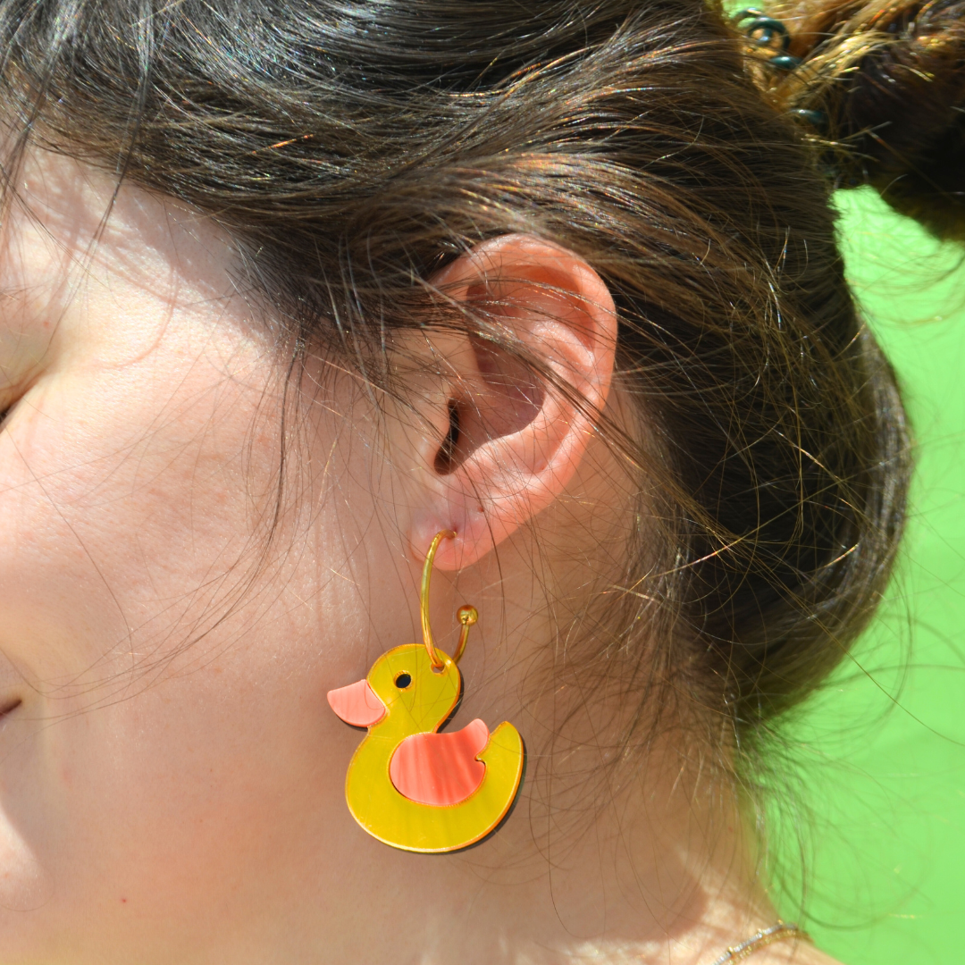 Ατσάλινα Χρυσά Σκουλαρίκια Κρίκοι με Παπάκια Duck Toy