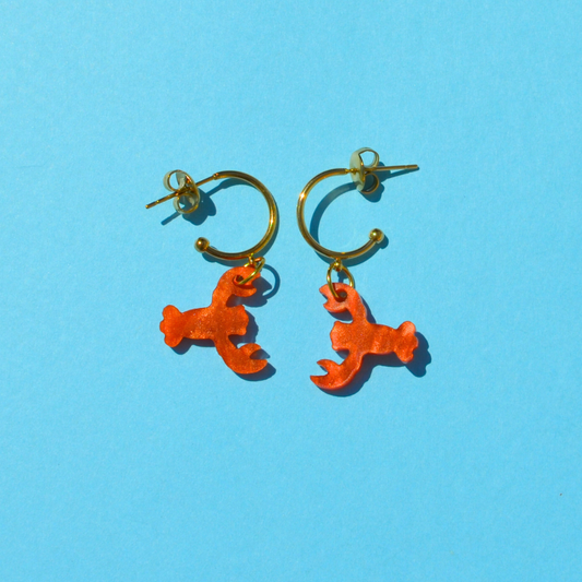 Ατσάλινα Χρυσά Σκουλαρίκια Κρίκοι με Αστακούς Κεραμιδί Περλέ Lobster