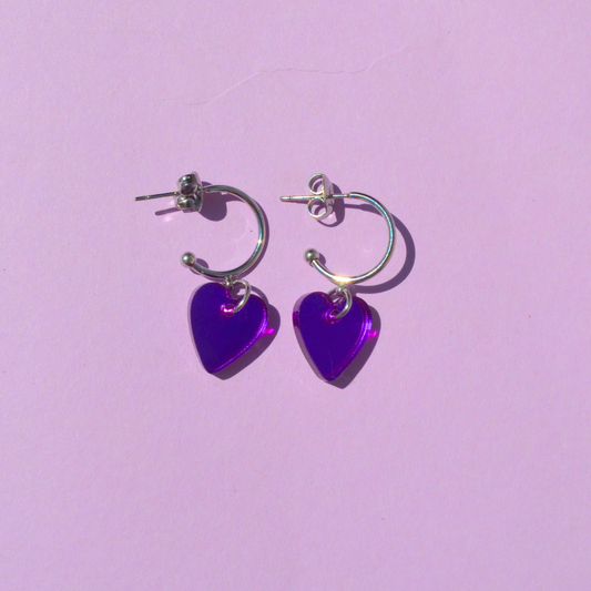 Ατσάλινα Ασημένια Σκουλαρίκια Κρίκοι με Μωβ Καρδιές Little Heart