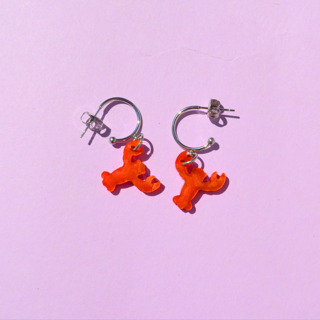 Ατσάλινα Ασημένια Σκουλαρίκια Κρίκοι με Αστακούς Κεραμιδί Περλέ Lobster