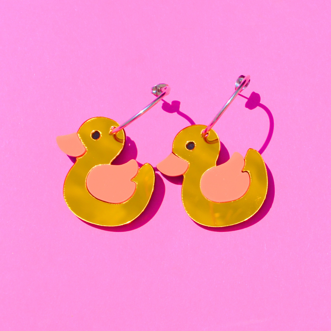 Ατσάλινα Ασημένια Σκουλαρίκια Κρίκοι με Παπάκια Duck Toy