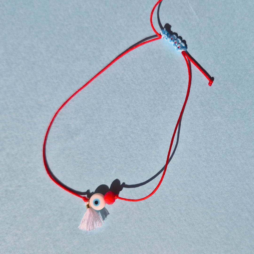 Κόκκινο Βραχιόλι με Μάτι Λευκό Φουντάκι και Κόκκινο Κρυσταλλάκι με Μακραμέ Κούμπωμα