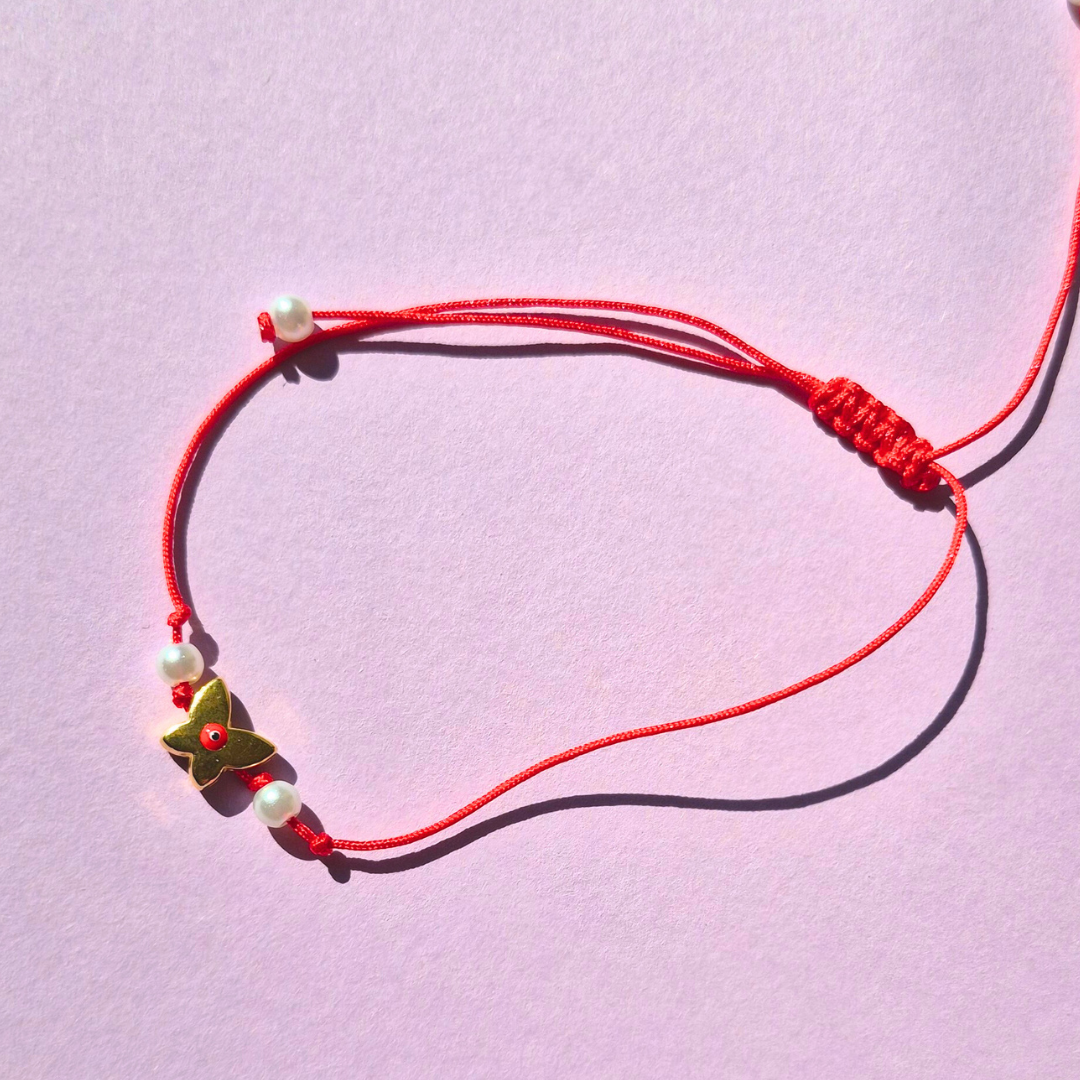 Κόκκινο Βραχιόλι Μεταλλική Ζάμακ Πεταλούδα με Σμάλτο και Πέρλα με Μακραμέ Κούμπωμα