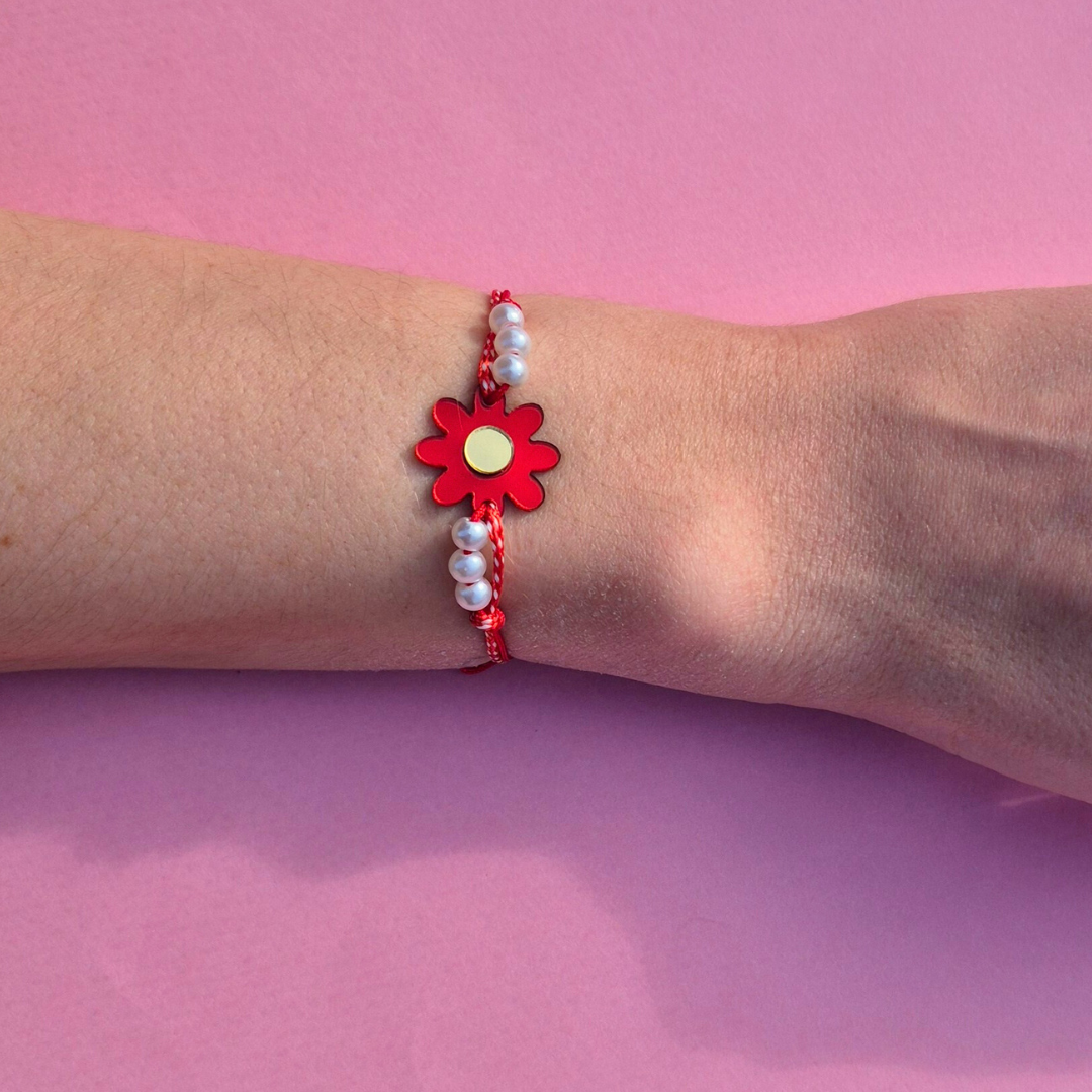 Μαρτάκι Χειροποίητο με Πλέξι Ακρυλικό Λουλούδι, Πέρλες και Μακραμέ για Ενήλικες και Παιδιά