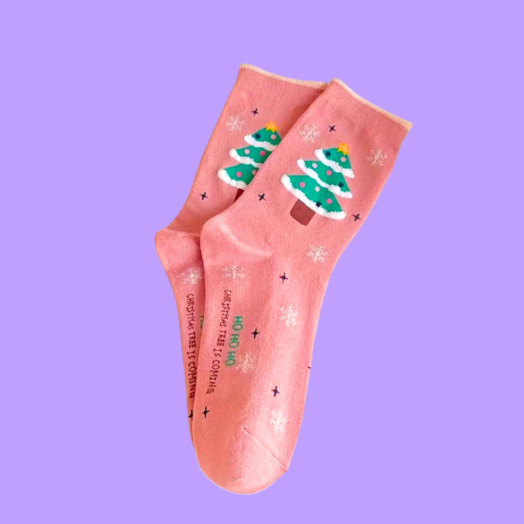 Γυναικείες Χριστουγεννιάτικες Ροζ Κάλτσες με Σχέδια Έλατο Christmas Tree