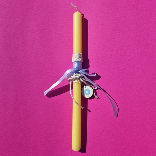 Πασχαλινή Λαμπάδα Χειροποίητη Αρωματική Κίτρινη με Ξύλινο Στοιχείο Blue Eye Limited Edition