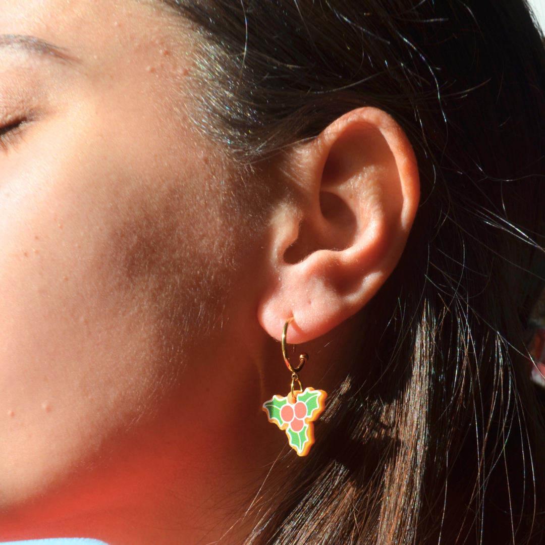 Χριστουγεννιάτικα Ατσάλινα Χρυσά Σκουλαρίκια με Πλέξι Γκι Mistletoe