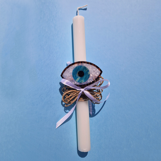 Πασχαλινή Λαμπάδα Χειροποίητη Λευκή με Κλάμερ σε Σχήμα Μάτι και Φιόγκο Limited Edition