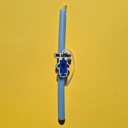 Πασχαλινή Λαμπάδα Χειροποίητη Αρωματική Γαλάζια με Ξύλινο Στοιχείο Mr Grumby