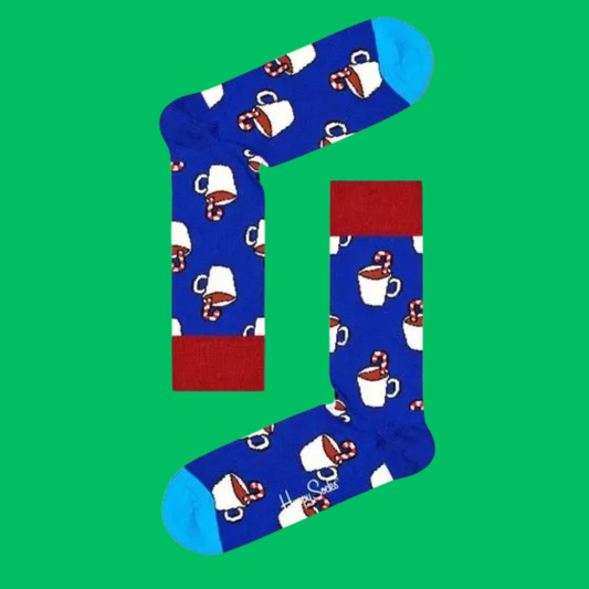 Happy Socks Χριστουγεννιάτικες Βαμβακερές Μπλε Κάλτσες με Σχέδια Κούπα Candy Cane Cocoa
