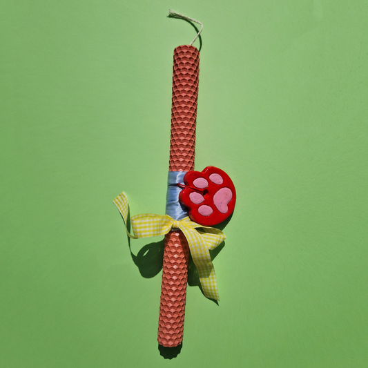 Πασχαλινή Λαμπάδα Χειροποίητη από Μελισσοκέρι Σομόν με Κεραμικό Στοιχείο Κόκκινη Πατούσα