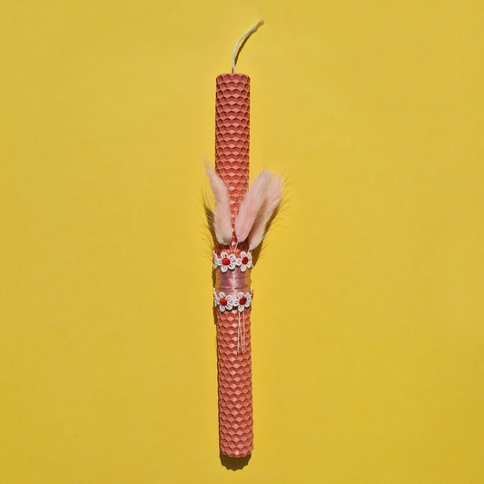 Πασχαλινή Λαμπάδα Χειροποίητη από Μελισσοκέρι Σομόν με Αποξηραμένο Γατάκι/Lagurus