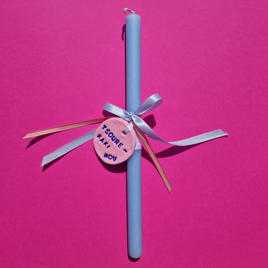 Πασχαλινή Λαμπάδα Χειροποίητη Αρωματική Γαλάζια με Κεραμικό Ροζ Στοιχείο Tsourekaki Mou (Τσουρεκάκι μου)