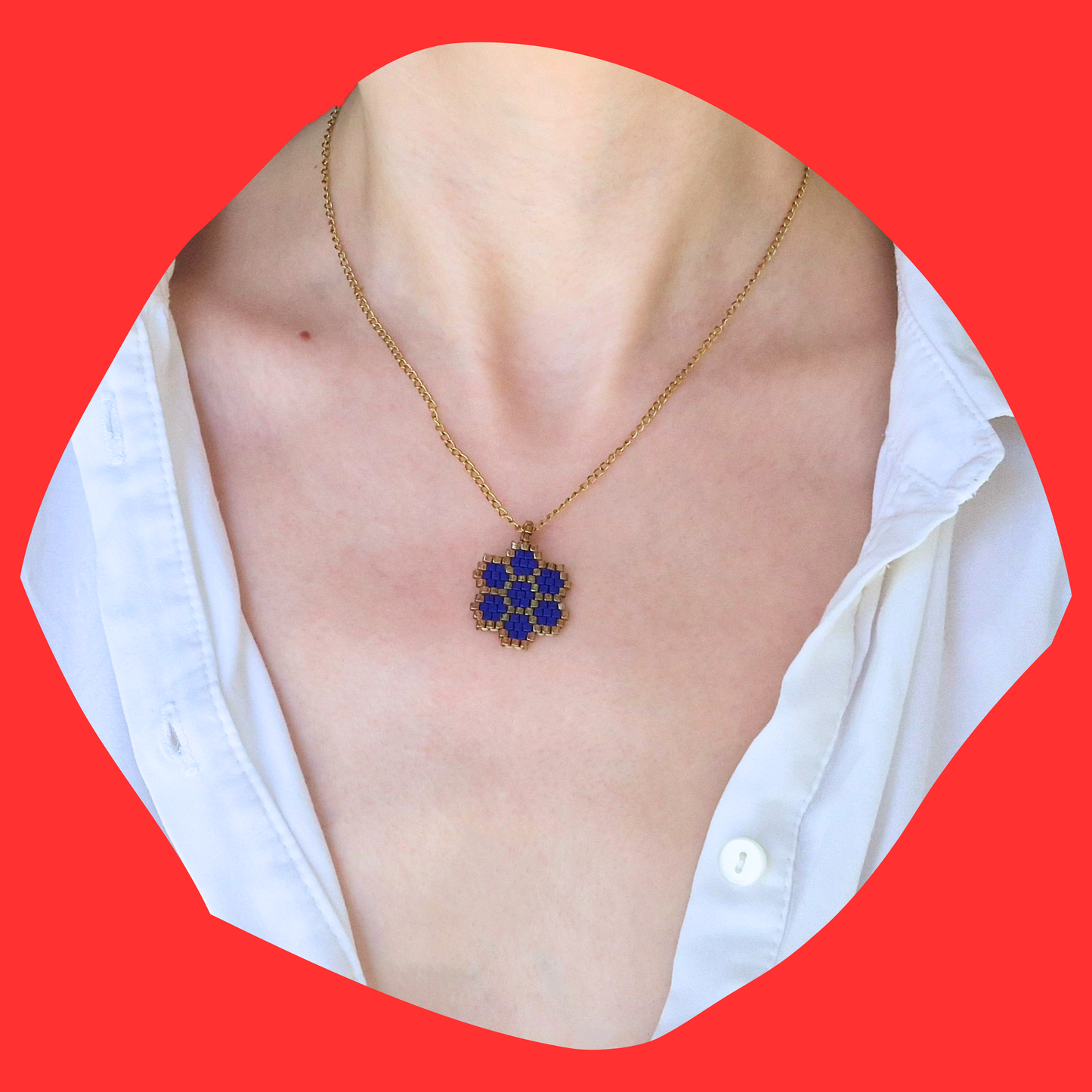 Χειροποίητο Κολιέ Μπλε-Χρυσό Λουλούδι από Χάντρες Miyuki σε Ατσάλινη Χρυσή Αλυσίδα