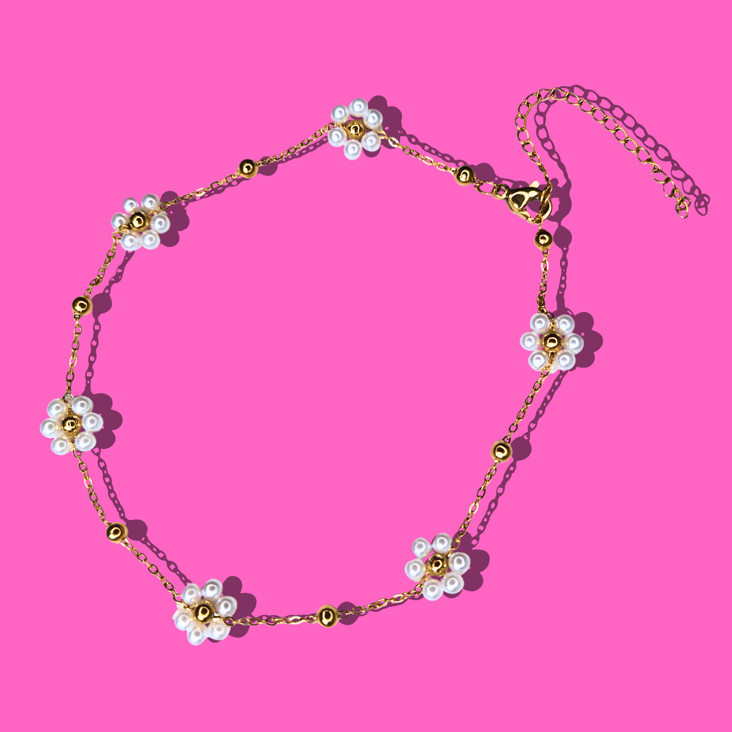 Βραχιόλι Ποδιού από Ατσάλινη Χρυσή Αλυσίδα με Λουλούδια από Πέρλες