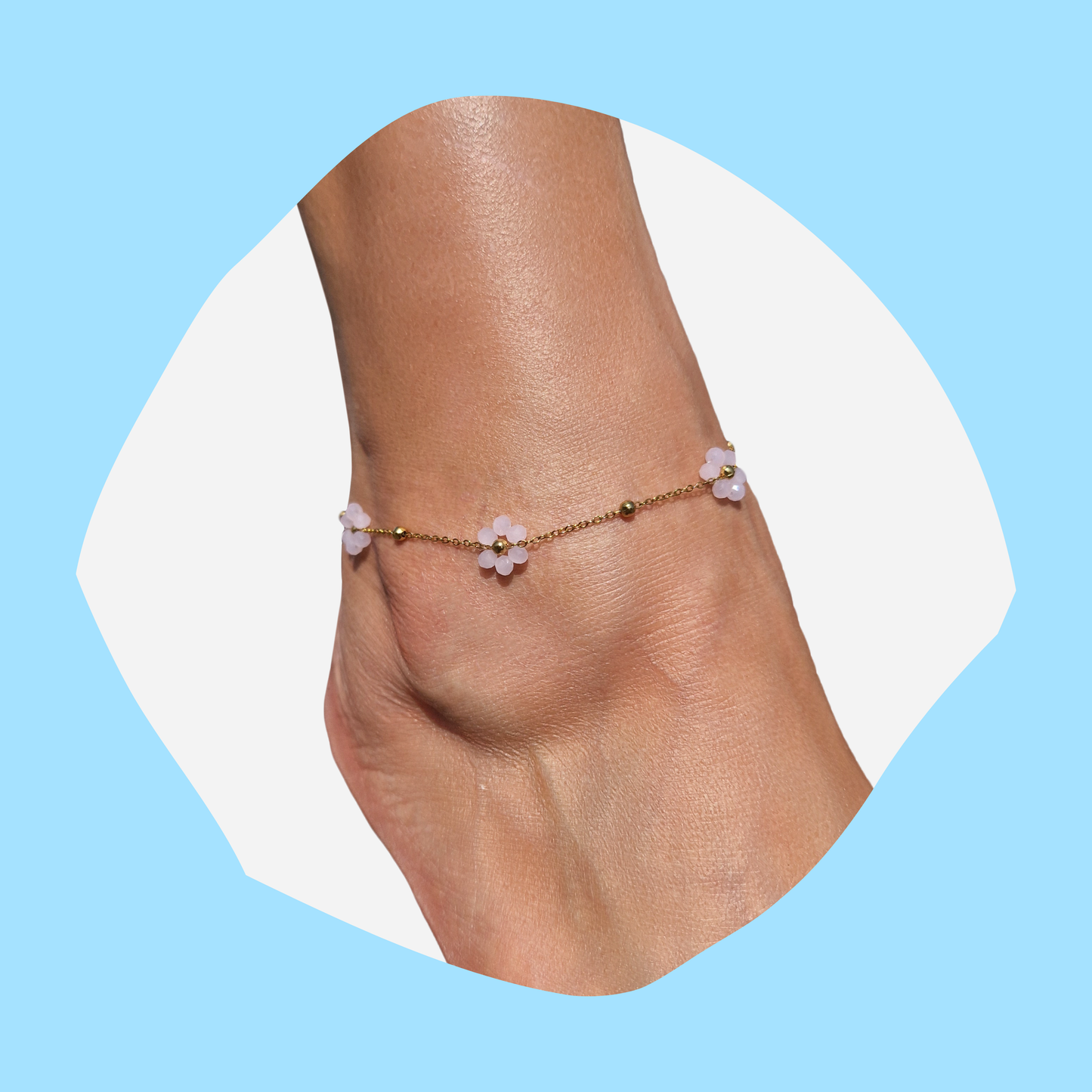 Βραχιόλι Ποδιού από Ατσάλινη Χρυσή Αλυσίδα με Ροζ Γυάλινες Λουλούδια