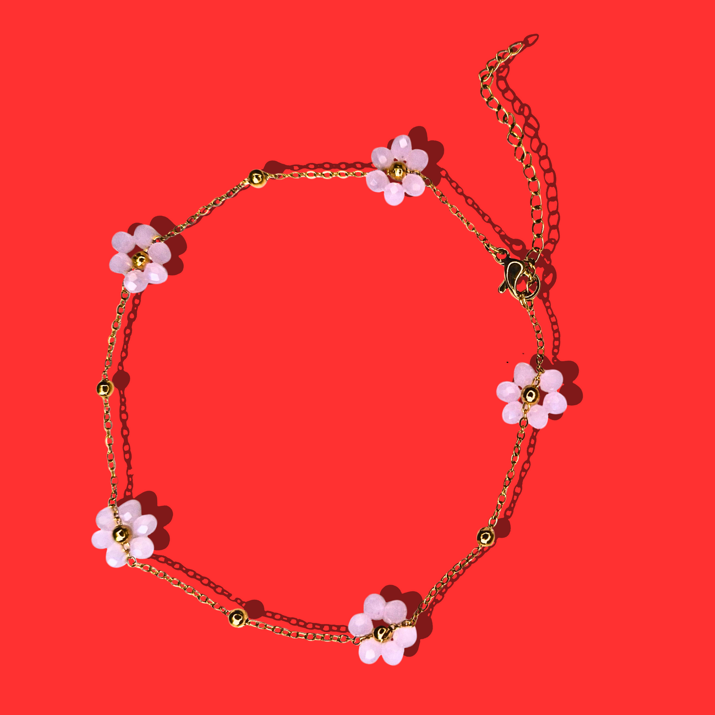 Βραχιόλι Ποδιού από Ατσάλινη Χρυσή Αλυσίδα με Ροζ Γυάλινες Λουλούδια