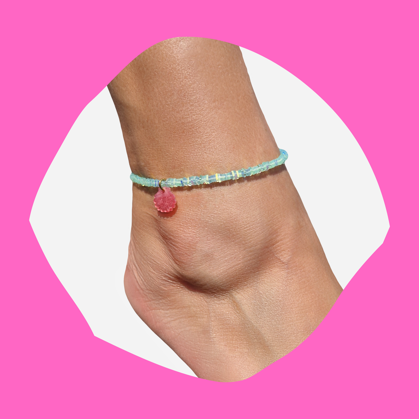 Βραχιόλι Ποδιού από Λαχανί Κρυσταλλάκια και Κρεμαστό Πλέξι Ροζ Κοχύλι