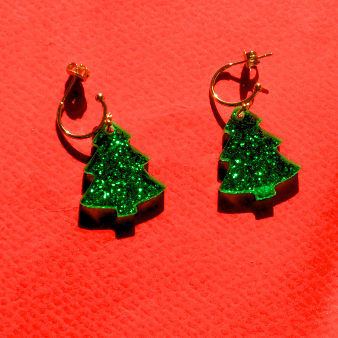 Χριστουγεννιάτικα Ατσάλινα Χρυσά Σκουλαρίκια με Πλέξι Έλατο Christmas Tree