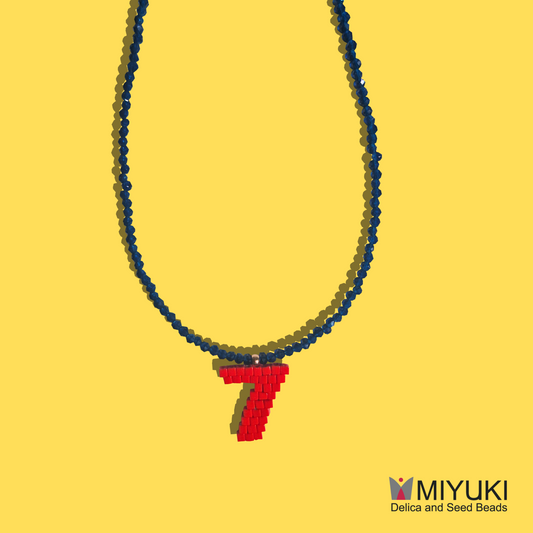 Custom Χειροποίητο Κολιέ Αριθμός από Κόκκινες Χάντρες MIYUKI και Μπλε Κρυσταλλάκια