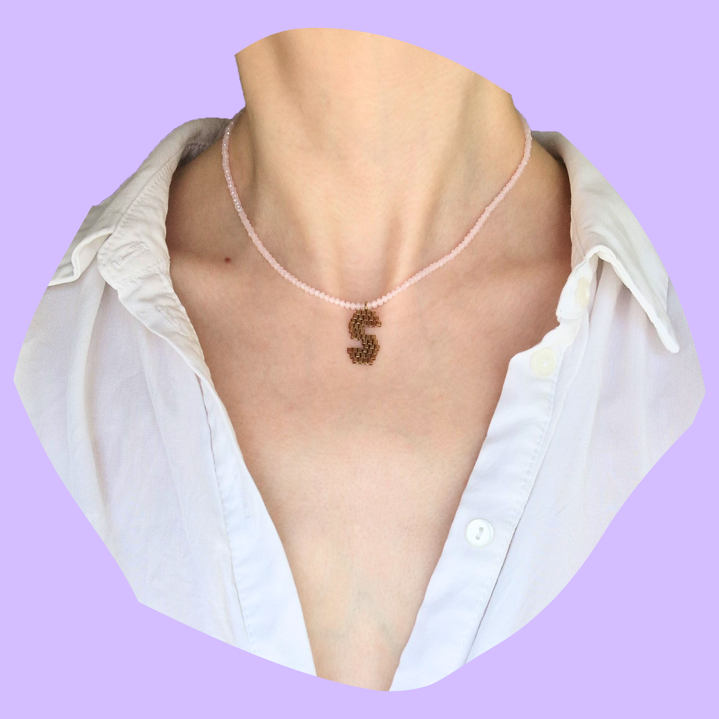 Custom Χειροποίητο Κολιέ Μονόγραμμα από Μπρονζέ Χάντρες MIYUKI και Κρυσταλλάκια σε Απαλό Ροζ