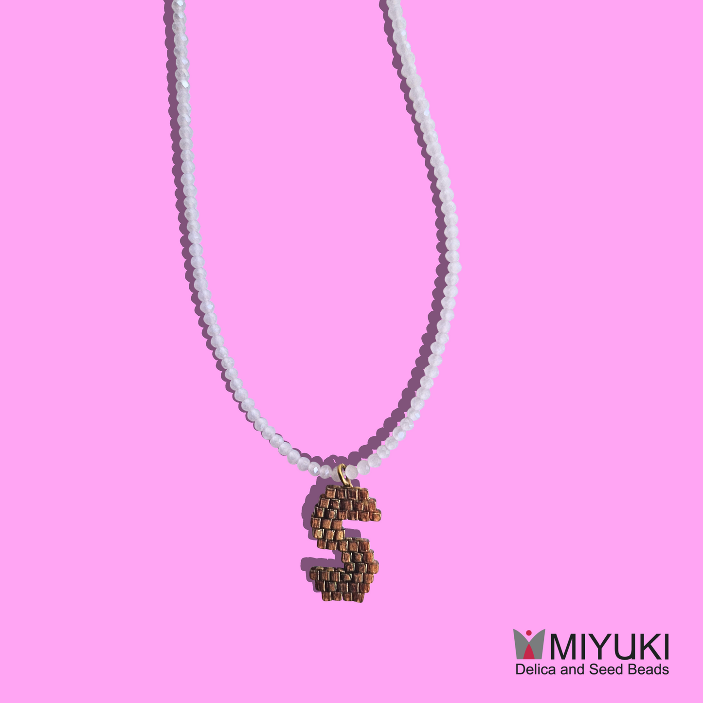 Custom Χειροποίητο Κολιέ Μονόγραμμα από Μπρονζέ Χάντρες MIYUKI και Κρυσταλλάκια σε Απαλό Ροζ