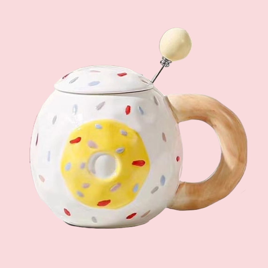 Πορσελάνινη Κούπα Κίτρινο Donut με Καπάκι και Κουταλάκι